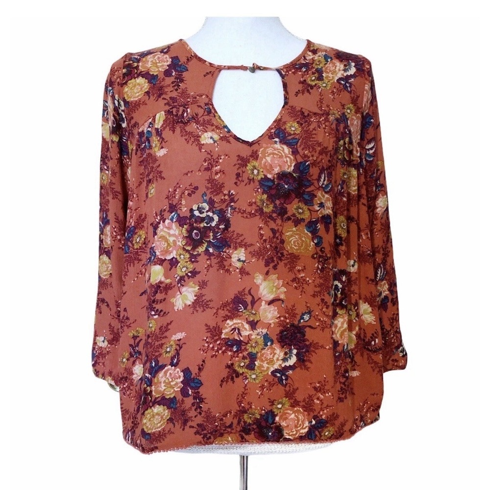 American Eagle Floral Blouse Womens‎ Small Rust Orange Keyhole Neck cLong Sleeve